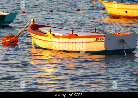 Typical Provencal fishing boats painted in bright colours white, blue, green red yellow, moored at a buoy at sunset Le Brusc Six Fours Var Cote d’Azur France Stock Photo