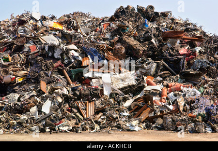 Large heap of compacted cars and other scrap metal ready for recycling ...