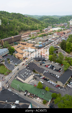 Aerial view of downtown Gatlinburg, Tennessee, USA looking south from observation tower Stock Photo