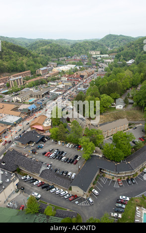 Aerial view of downtown Gatlinburg, Tennessee, USA looking south from observation tower Stock Photo