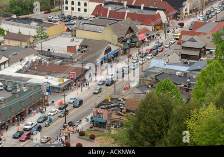 Aerial view of downtown Gatlinburg, Tennessee, USA looking south from observation tower Stock Photo