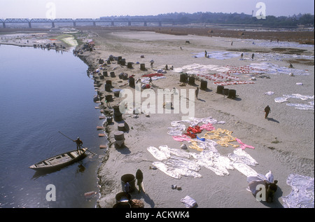 Laundry spread out to dry on the sandy banks of the Yamuna River Agra Uttar Pradesh India Stock Photo