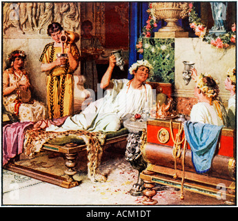 Roman Wine Drinking illustration of table manners at an ancient feast a toast to the Gods perhaps Stock Photo