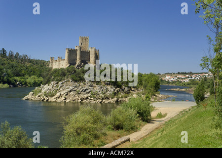 Portugal, the Ribatejo, Almourol, 12th Century Fort on the river Tejo with Tancos village in the background Stock Photo
