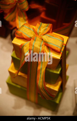 christmas gift boxes and Bows in a posh shop window Stock Photo