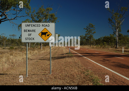 Warning on deserted road far north west Queensland Australia dsc 0022 Stock Photo