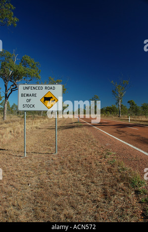 Warning on deserted road far north west Queensland Australia dsc 0025 Stock Photo