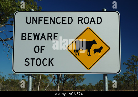 Warning on deserted road far north west Queensland Australia dsc 0027 Stock Photo