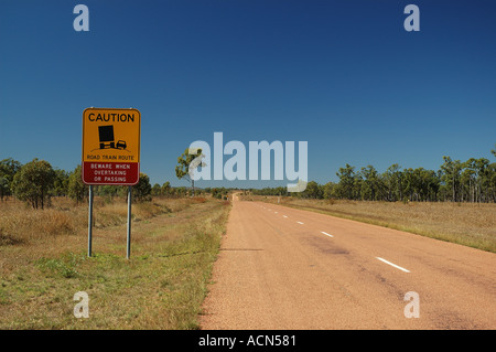 Warning on deserted road far north west Queensland Australia dsc 0031 Stock Photo