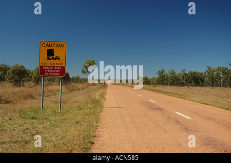 Warning on deserted road far north west Queensland Australia dsc 0032 Stock Photo