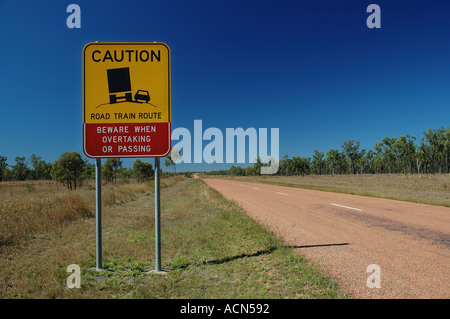 Warning on deserted road far north west Queensland Australia dsc 0036 Stock Photo