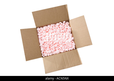 Cardboard box with Styrofoam packaging cut out on white background Stock Photo