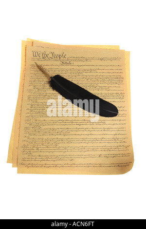 US Constitution and Feather Pen cut out on white background Stock Photo