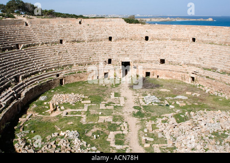 Leptis Magna, Libya. Roman Ampitheater, 1st. Century A. D. Al- Khoms in distance. Stock Photo