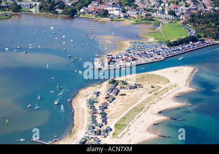 Aerial view. Hengistbury Head and Mudeford quay. Beach huts. The Run, entrance to Christchurch harbour. Dorset. UK Stock Photo