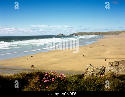 Low tide at Perranporth on the north coast of Cornwall in the UK Stock Photo