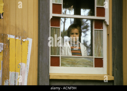 young girl at stained glass window frame Six Flags over Texas USA America South  mystery fantasy intrigue Stock Photo