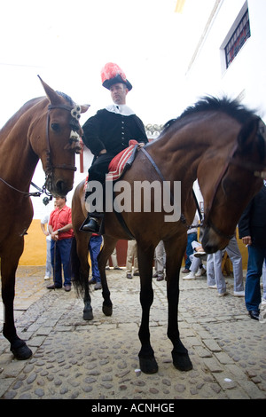 Riding alguacilillos or officials in pation de cuadrillas before a bullfight, Seville, Spain, 2006 Stock Photo