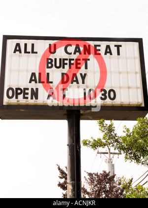Restaurant sign suggesting to say no to all you can eat buffet, USA. Weight loss concept. Stock Photo