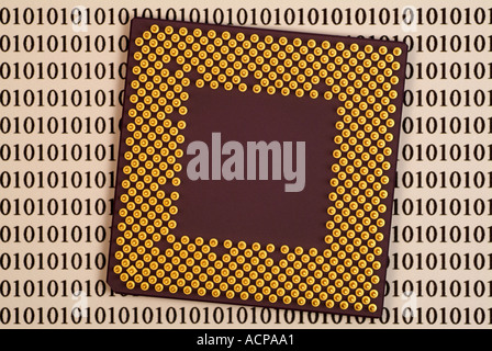 Computer Processor and Binary Digits, Close Up. Stock Photo