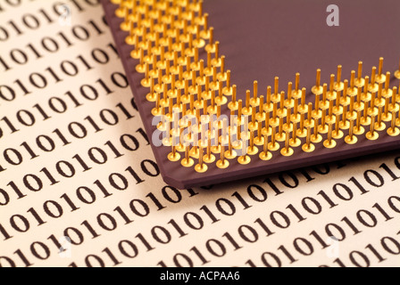 Computer Processor and Binary Digits, Close Up. Stock Photo