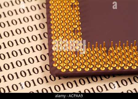 Computer Processor and Binary Digits, Close Up. Stock Photo