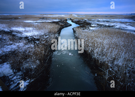 surreal river running into frozen landscape with a curve bend in the flowing water Stock Photo