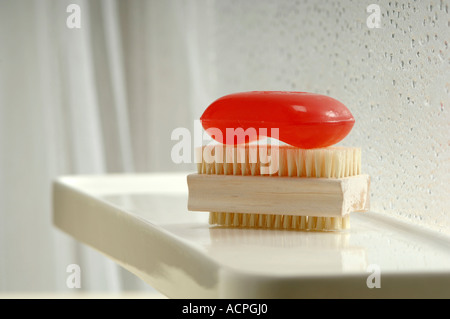 Soap on nailbrush, close-up Stock Photo