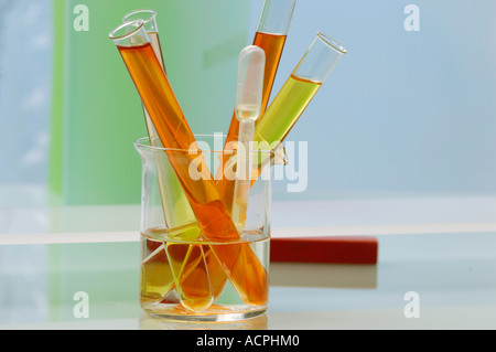 Test tubes with coloured liquid, close-up Stock Photo