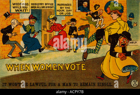 Satirical British propaganda anti-suffragette postcard card opposing women's suffrage 'When women vote' , right to vote, marriage, U.K. UK dated 1910 Stock Photo