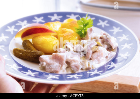 Matjes herring on plate with side dishes Stock Photo