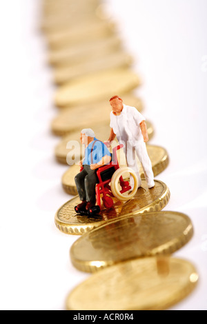Figurine in wheelchair and caregiver on row of coins Stock Photo