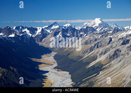Dobson River and Aoraki Mt Cook South Island New Zealand aerial Stock Photo
