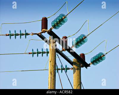 A power line with glass insulators Stock Photo