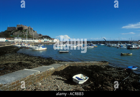 Mont Orgueil castle overlooking Gorey Harbour and Yachts in the Royal Bay of Grouville Jersey Channel Islands Stock Photo