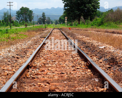 Burma Railway tracks at Thamkrasae Station Thailand Stock Photo