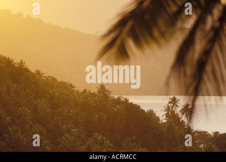 jungle covered hillside and lagoon view from The Village hotel at dusk Pohnpei Micronesia Stock Photo