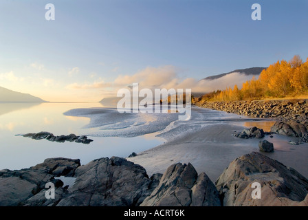 Tidal Flats from Bird Valley Looking North on Turnagain Arm in Autumn at sunset. Chugach Mountains in evening light. Stock Photo