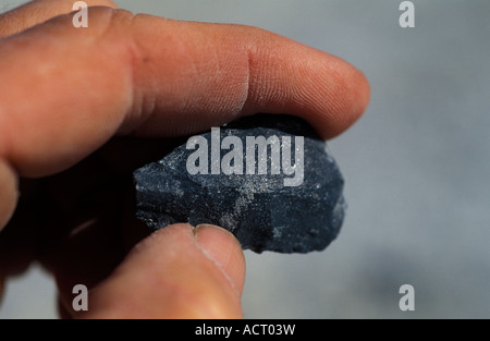 A close up of a hand holding a flint stone found on the shores of the Makgadikgadi Pans in Botswana Makgadikgadi Pans Botswana Stock Photo