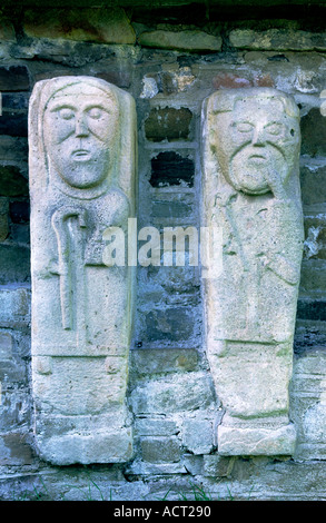 Celtic Christian monastic carvings of saints monks on White Island, Lower Lough Erne, near Enniskillen, Co. Fermanagh, Ireland Stock Photo