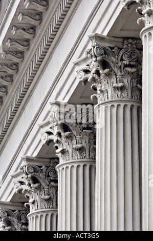 Ornate Corinthian Columns and other Details on Bank Building Stock Photo