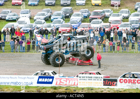 Grim Reaper monster truck crushing car at Knockhill Motorfair 2006 Stock Photo