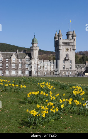 Balmoral Scottish Royal Scots baronial revival style castle and grounds in Spring;  Royal residences Crathie, Deeside Aberdeenshire, Scotland, UK Stock Photo