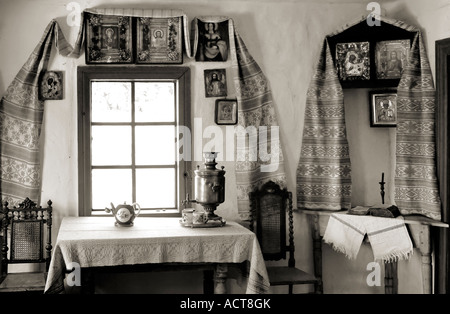 Ancient Ukrainian country house kitchen interior Ukraine culture Folklore Stock Photo