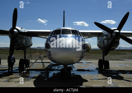 Body of an Antonow AN 24 airplane of Mongolian Airlines MIAT Airport Ulaangom Mongolei Stock Photo