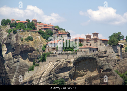 Typical view of rocky pinnacles and several monasteries in the Meteora region above the gateway town of Kalambaka Meteora area of Greece Stock Photo