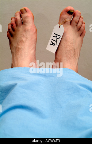 Labelled Foot of a Dead Body in a Mortuary After a Fatal Car Crash Stock Photo