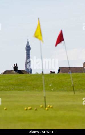 Golf course flags with Blackpool Tower in the background Stock Photo