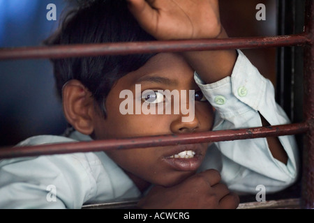 Boy in a train wagon Delhi India Stock Photo