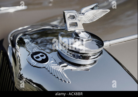 The winged B mascot on a radiator cap and insignia on the nose of classic vintage Bentley ca 1932 Stock Photo